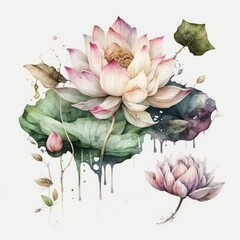 About Watercolor  Lotus Flower Floral Clipart, Isolated on White Background.