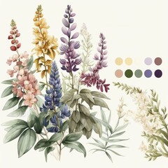 About Watercolor Lupine Flower Floral Clipart, Isolated on White Background.