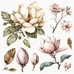 About Watercolor Magnolia Flower Floral Clipart, Isolated on White Background.