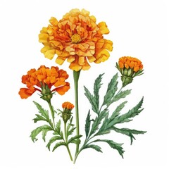 About Watercolor Marigold Flower Floral Clipart, Isolated on White Background.
