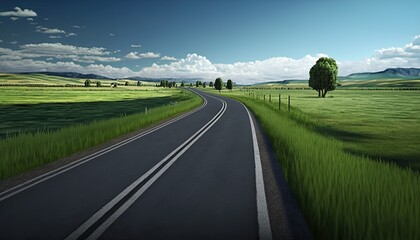 Fototapeta na wymiar Endless road along green grassland high. Generative AI
