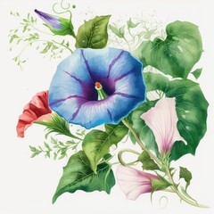 About Watercolor Morning Glory Flower Floral Clipart, Isolated on White Background.
