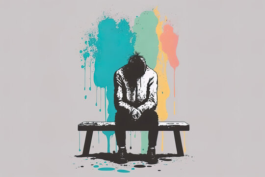 Lonely depressed man sitting on the bench. This illustration represents concept of loneliness, depression, upset, sad and negative thought. Digital illustration generative AI.