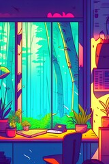 Lofi empty interior. Messy desk, window view of a forest, jungle. Anime, manga style. Colorful study lo-fi desk. Cozy chill vibe. Hip-hop atmoshperic lighs. Stars wallpaper - generative ai