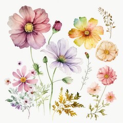 About Watercolor Cosmos Flower Floral Clipart, Isolated on White Background.