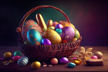 Easter Basket Filled with Decorated Dyed Eggs Bunny Rabbit Colorful Candy Chocolate Sweets Treats Gifts Surprises Bow Ribbon Wicker Woven in Background Image