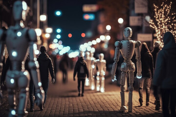 Humanoid robots and people walking together on a street at night, Generative AI
