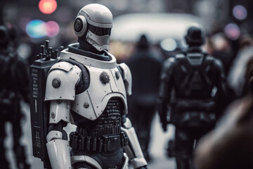 Police oficer robot on a street among people, Generative AI