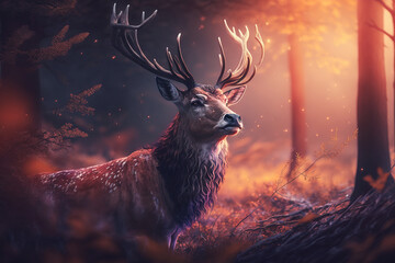Large Deer Buck in the Morning Foggy Forest. AI generated Illustration.
