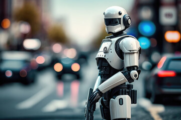 Police oficer robot on a street among cars, Generative AI - 575763206