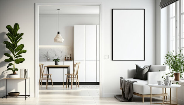 Blank picture frame mockup on white wall. Modern living room design. Three vertical templates for artwork and painting. Generative AI.