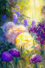 Fototapeta na wymiar A spring garden in the sunshine with colorful flowers in a painterly style. Generative Ai.
