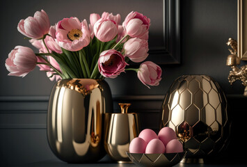 Pink tulip flowers and golden Easter decoration with eggs. Home interior. AI Generated