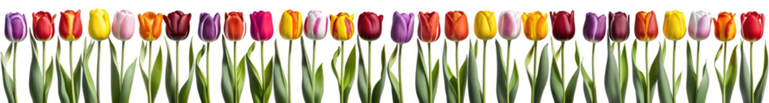 Fresh tulips in line on white background. Spring flowers floral border. AI Generated
