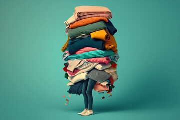 Woman legs stick out from a high stack of clothes, c created with Generative AI technology - obrazy, fototapety, plakaty