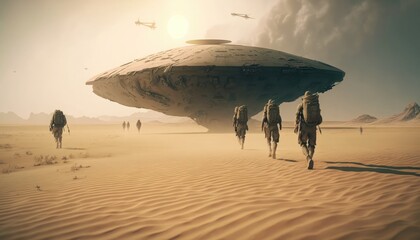 group of armed forces walking in the desert. in the distance is a huge alien mothership floating in the air