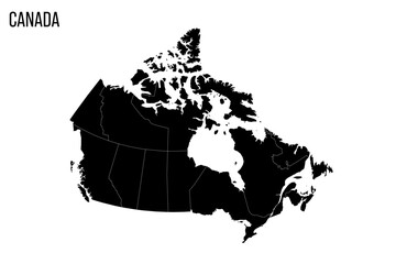 Canada political map of administrative divisions - provinces and territories. Blank black map and country name title.