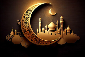 Festive greeting card for Muslim holy month Ramadan Kareem with mosque and crescent