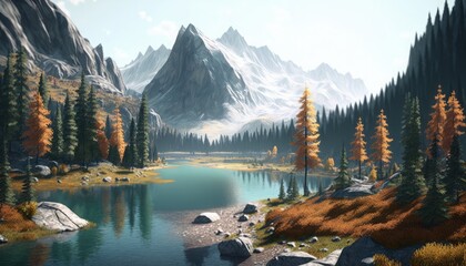 Nature's Glory, Scenic Mountain Range with River and Golden Tree, Serene Summer Scene, Mountain Range with Flowing River and Golden Tree (ai generated)