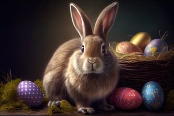 Fototapeta na wymiar Easter Bunny Rabbit Decorated Dyed Eggs Egg Hunt Colorful Background Image