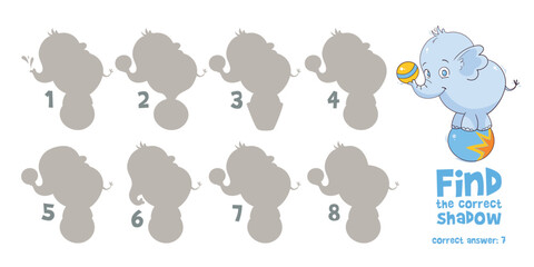 Little Elephant. Find the correct shadow. Find 2 same objects. Educational game for children. Choose correct answer. Colorful cartoon characters. Funny vector illustration. Isolated white background