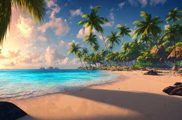 Tropical landscape. Tropical island in sunny weather. Palm trees, ocean, sandy beach. Generative AI.