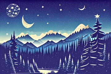 Night sky with stars and moon over peaks of coniferous trees - vector - generative ai
