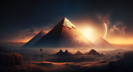 The Pyramids of Giza by night in Egypt with Milky Way Galaxy .AI generated Illustration.