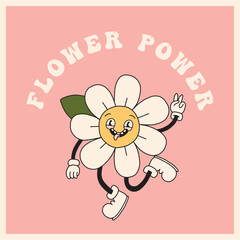 Funny daisy flower smiling face. Groovy spring chamomile character mascot. Cartoon hippie 70s poster with lettering. Vector logo card in trendy retro style. Bloom floral backgrounds