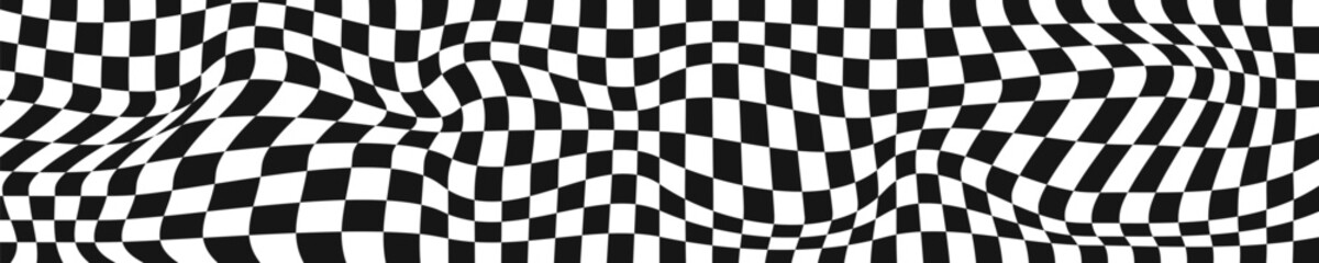 Obraz premium Distorted chessboard background. Checkered optical illusion. Psychedelic dizzy pattern with warped black and white squares. Trippy checkerboard surface. Race flag texture