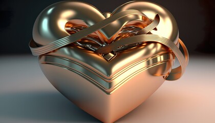 Golden heart with a coiled ribbon, in a romantic style, 3D rendering, attractive and beautiful, computer art, highly detailed, metal surfaces, created with generative AI technology.