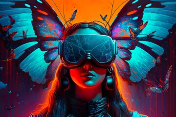 Girl with VR headset exploring metaverse. Generative AI