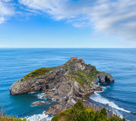 Doniene Gaztelugatxeko hermitage on top of Gaztelugatxe island. Biscay, Basque Country (Spain)....