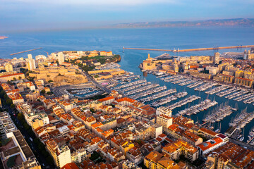Obraz premium View from drone to Mediterranean seascape with yachts in marina of Marseille. France