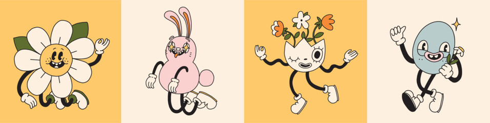 Set of Groovy Easter character mascot. Spring avatar illustrations in retro cartoon style. Cute egg, bunny, chick, daisy flower. Different emotions. Happy Easter card. Hand drawn isolated vector