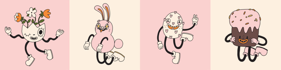 Set of Groovy Easter character mascot. Spring avatar illustrations in retro cartoon style. Cute egg, bunny, cake. Different emotions. Happy Easter card. Hand drawn isolated vector collection