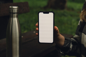 Mobile phone social media White screen Template for mobile app. Reusable steel thermo water bottle...