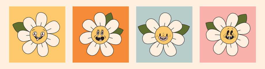 Set of funny daisy flower smiling faces. Groovy spring chamomile characters mascot. Cartoon hippie 70s avatar colletion. Vector logo cards in trendy retro style. Bloom floral elements