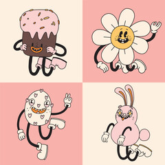 Set of Groovy Easter character mascot. Spring avatar illustrations in retro cartoon style. Cute egg, bunny, chick, daisy flower. Different emotions. Happy Easter card. Hand drawn isolated vector colle