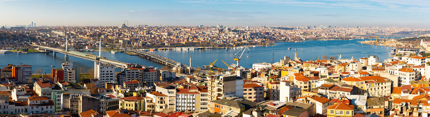 Panoramic view from Galata Tower on Istanbul bridges and the Golden Horn