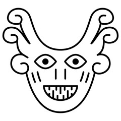 Tribal mask. Funny face. Ethnic design of Nazca Indians from ancient Peru. Black and white linear silhouette.