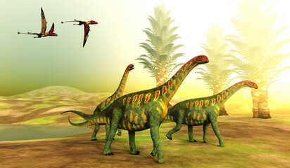 Jobaria Dinosaurs at Sunset - Dimorphodon Pterosaurs follow a herd of Jobaria sauropod dinosaurs during the Jurassic Period. © Catmando
