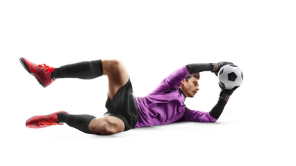 Goalkeeper in action. Soccer. Goalkeeper catching ball. The concept of sport. Isolated in white...