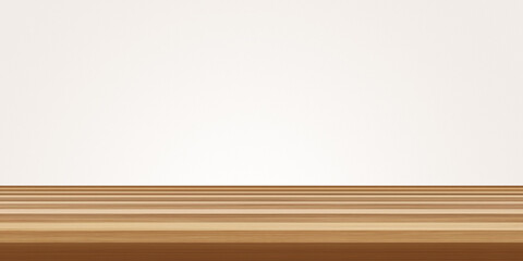 Wood table top for presentation product, perspective view, white background wall. Kitchen empty desk. Wooden table surface, front side. Horizontal kitchen table for product placement or montage