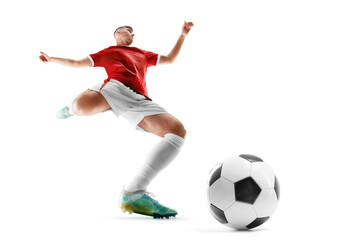 Soccer. Professional soccer player hits the ball for the winning goal. Wide angle. The concept of sport. View from below