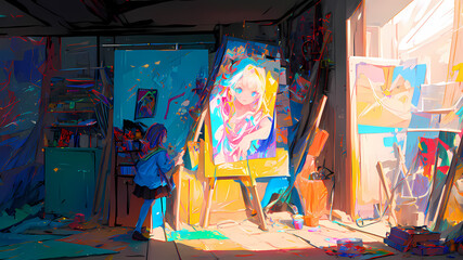 Obraz na płótnie Canvas Un Niña Pintando en su Estudio, IA Generativa