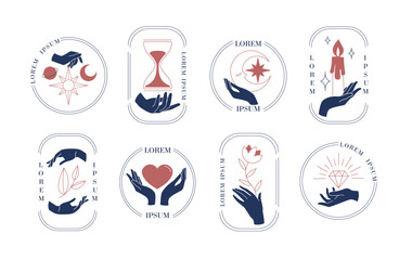 Fototapeta premium Bohemian logo silhouettes set. Collection of minimalistic graphic elements for website. Mysticism, magic and witchcraft, esotericism. Cartoon flat vector illustrations isolated on white background