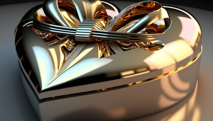 Golden heart-shaped box with bow on top, 3D rendering, wrapped birthday gifts, widescreen photo, gold accents, dynamic shading - created with Generative AI Technology.