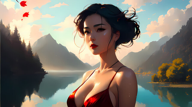 Preciosa Ilustraci&oacute;n de una Chica en el Lago, IA Generativa