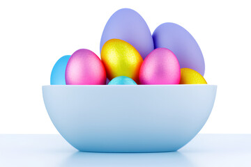 Eggs on white background. Painted Decorative Easter Eggs for Easter day celebration. Holiday Banner for Easter egg hunt. Generative AI